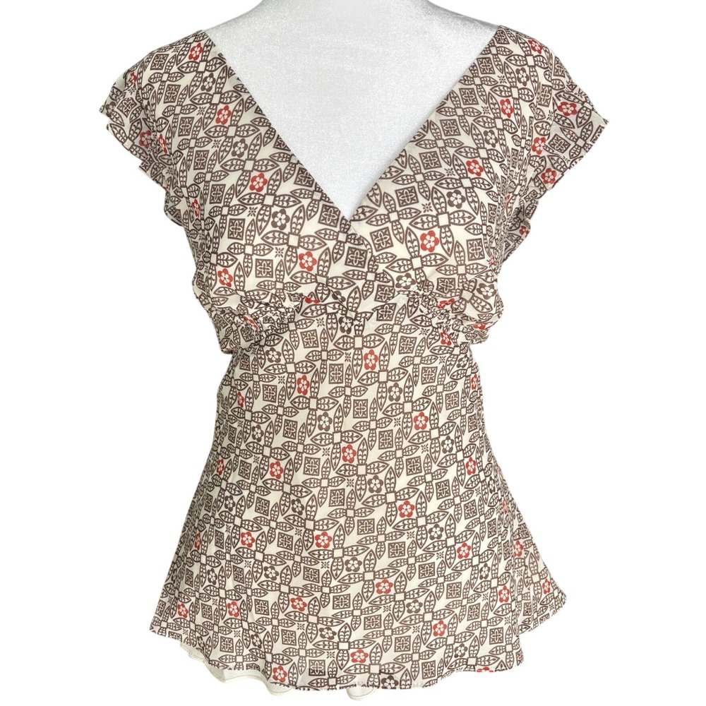 Loft Geometric Print Flutter Sleeve Blouse Brown Red Academia Boho Fairycore 16